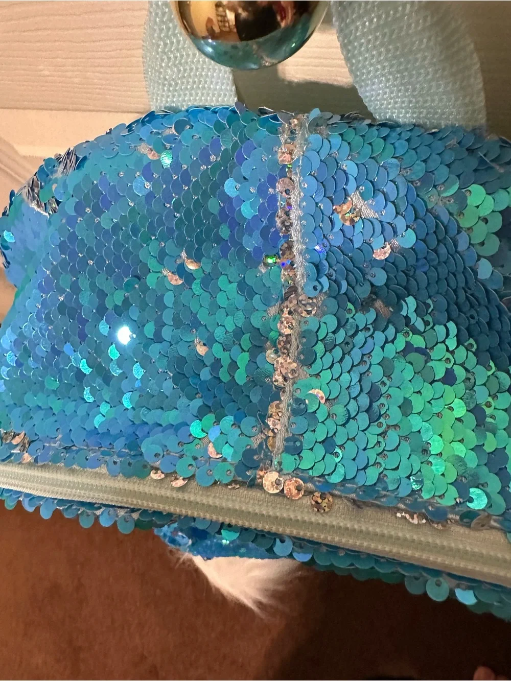 Justice Blue Sequin Kids Backpack with Faux Fur Charm